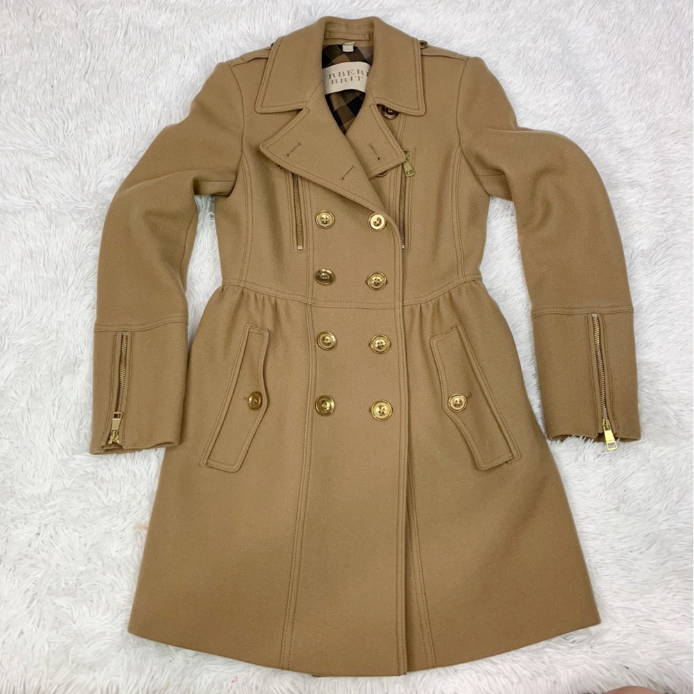 Burberry‎ Camel tan Double-Breasted wool Trench Coat gold buttons